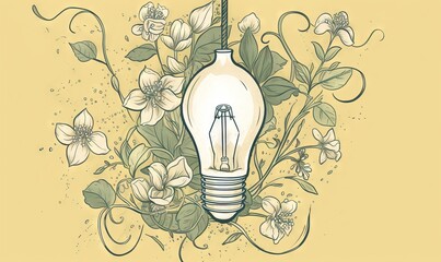  a drawing of a light bulb surrounded by flowers and vines.  generative ai