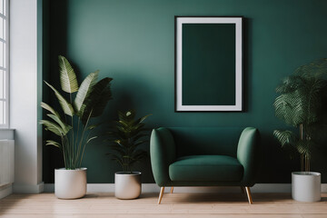 Green interior with armchair, plants, window and empty poster with mock up in frame. Generative AI.