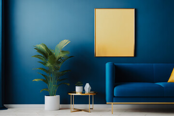 Home decor with blue sofa, table and plant. Empty poster in frame with copy space on blue wall. Gold accessories. Generative AI.