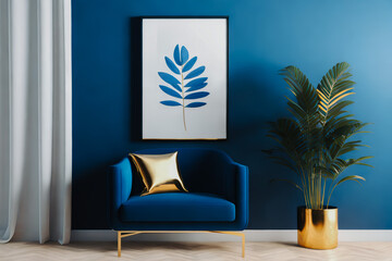 Blue home decor with armchair, plant, curtain and poster in frame with copy space. Generative AI.