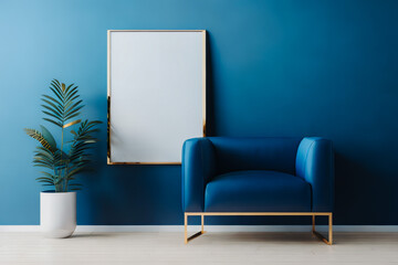 Modern interior with blue armchair, plant and empty poster in gold frame with mock up on blue wall. Generative AI.