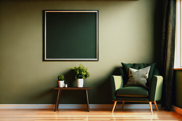 Room with green armchair, wooden table, plants and window. Empty poster in frame with copy space on green wall. Generative AI.