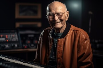 Portrait of a senior man playing electronic piano in his home studio