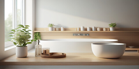 Fototapeta na wymiar Empty wooden table top for product display Minimalist and clean bathroom interior design with bathtub. Generative AI