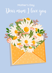 Mother's day greeting card. Vector bouquet of daisies and other field plants inside an envelope. Floral illustration with chamomile for greeting card, poster, invitation, decor etc.
