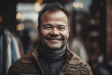 Obraz premium Close-up portrait photography of a pleased man in his 40s wearing a cozy sweater against an antique shop or vintage market background. Generative AI