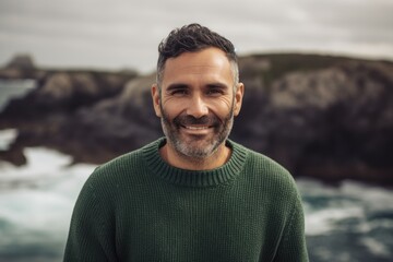 Group portrait photography of a pleased man in his 30s wearing a cozy sweater against a tropical island background. Generative AI