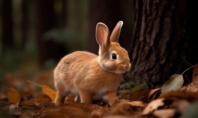 Fototapeta premium a rabbit is standing in the leaves near a tree in the forest. generative ai