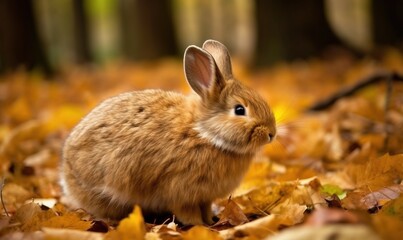  a small rabbit is sitting in a field full of leaves.  generative ai