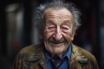 Close-up portrait photography of a grinning elderly 100 years old man wearing a snuggly pajama set against an urban street art background. Generative AI