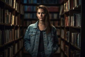 Portrait of a beautiful young woman in jeans jacket standing in a library
