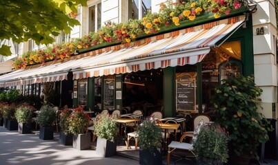 Fototapeta premium a store front with flowers on the awning and tables and chairs outside. generative ai