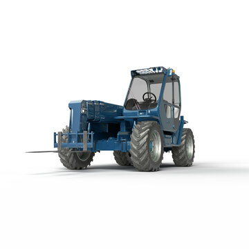 Blue telehandler / variable reach forklift 3d model render - isolated / transparent background
