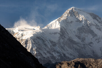 Cho Oyu (8188m) in late afternoon being hit by strong winds. Photo taken from Gokyo village with long lens