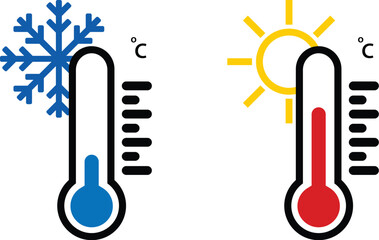 Hot and cold meteorology thermometers on transparent background. Blue and red thermometers. Vector illustration - obrazy, fototapety, plakaty