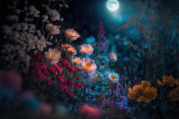 Fototapeta na wymiar Moonlight on Mysterious Garden : Garden in Blue Moonlight : Night view of a Mystic Garden in a Gentle Moonlight