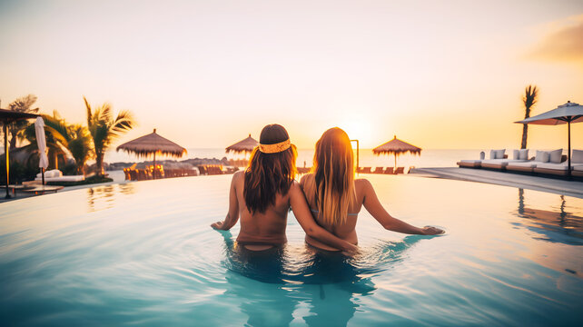A couple of women relaxing by the pool in a luxury hotel resort, ai generative illustration