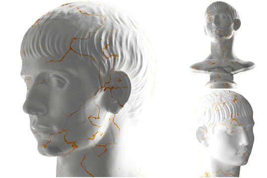 Elegant 3D render of Young Man with Short Hair statue in white marble and gold, fashion apparel.