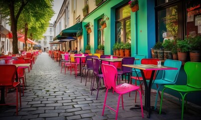  a row of colorful tables and chairs on a cobblestone street.  generative ai