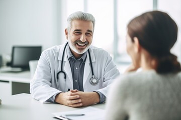 A doctor consults with a patient in his office. Cheerful male physician talking to patient, clinic consultation. Doctor talking to a patient in an exam room. Generative AI
