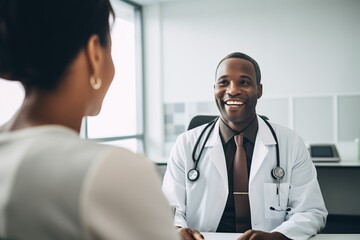 A doctor consults with a patient in his office. African male physician talking to patient, clinic consultation. Doctor talking to a patient in an exam room. Generative AI