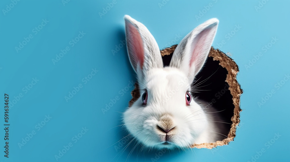 Wall mural cute bunny peaking out of a blue hole Generative AI