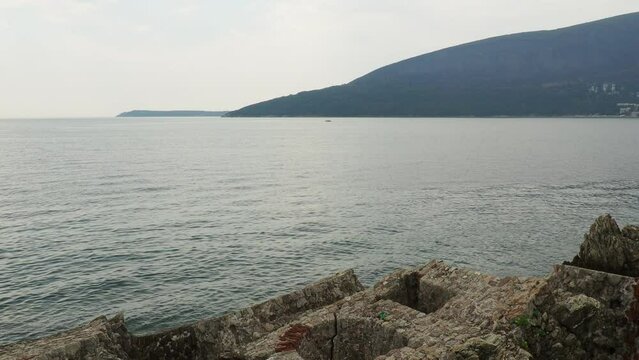 Fort Mezaluna Mesaluna Citadel Citadela Montenegro Herceg Novi. The ruins of an ancient stone fortress, destroyed in an earthquake, fell into the Adriatic Sea, the Mediterranean. Tourist attractions