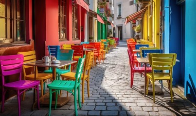 Fototapeta na wymiar a row of brightly colored tables and chairs on a cobblestone street. generative ai