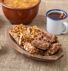 Typical brazilian june festival food over jute fabric. Festa junina