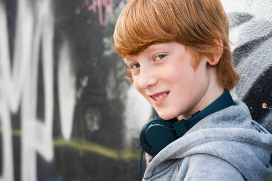 Close-up Portrait of Boy wearing Headphones, Mannheim, Baden-Wurttemberg, Germany