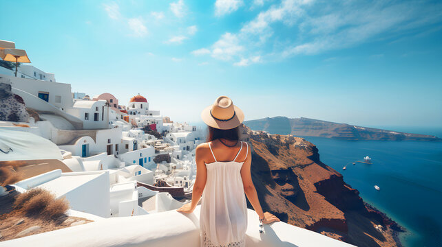 A traveler woman with hat and white dress looking Oia, Santorini, ai generative illustration