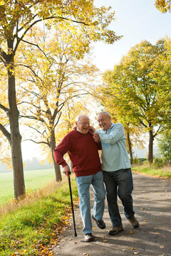 Senior Men Walking on Tree-lined Path in Autumn, Lampertheim, Hesse, Germany