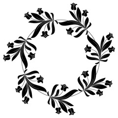 Round floral frame with blooming branches. Wreath of red flowers with green leaves on white background. Folk style. Black and white silhouette.