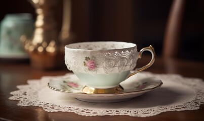  a tea cup and saucer on a doily on a table.  generative ai