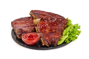 Delicious spicy marinated ribs in a bbq or tomato sauce with herbs, isolated on a white background.