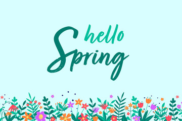 Hello Spring decoration. Floral background with colourful blooming flower and leaves. Panoramic header. Vector illustration