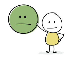 Contemplating cartoon businessman with emoticon icon. Vector