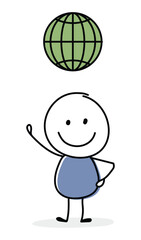 Concept of smiley stickman with globe - internet web icon. Vector