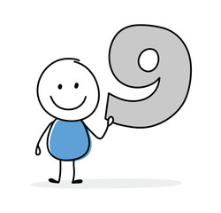 Happy cartoon stickman holding number nine icon. Hand drawn design for a business presentation. Vector illustration