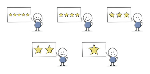 Funny star rating with cartoon stickman. Appraisal concept. Vector