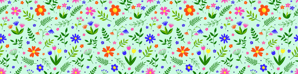 Floral seamless pattern. Spring background with colourful hand drawn flowers and leaves. Banner. Vector illustration.