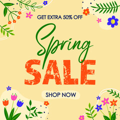 Spring Sale. Floral background. Spring decoration with colourful hand drawn flower and leaves. Vector illustration