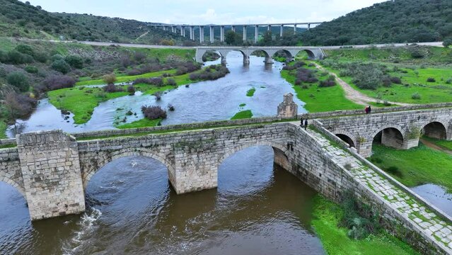 Three Bridges on the Almonte River in the area of Jaraicejo. Monfrag&uuml;e region. Caceres Province. Estremadura. Spain. Europe