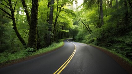 Obraz premium Lost in the Majesty of Nature: Journeying Along the Verdant Asphalt Road of the Forest