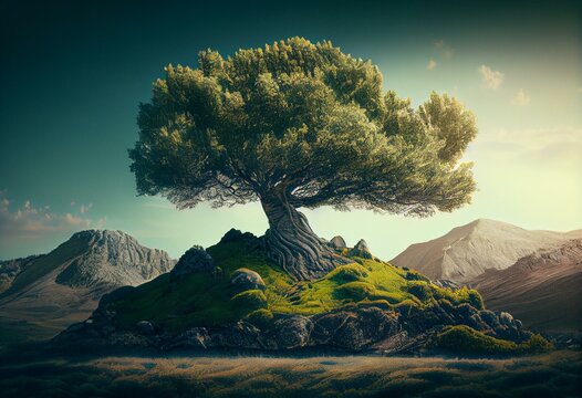 Majestic lone tree on the top of a green hill. Created with Generative AI technology