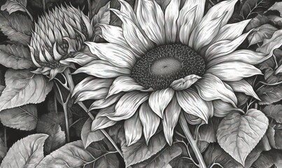  a black and white drawing of a sunflower with leaves.  generative ai