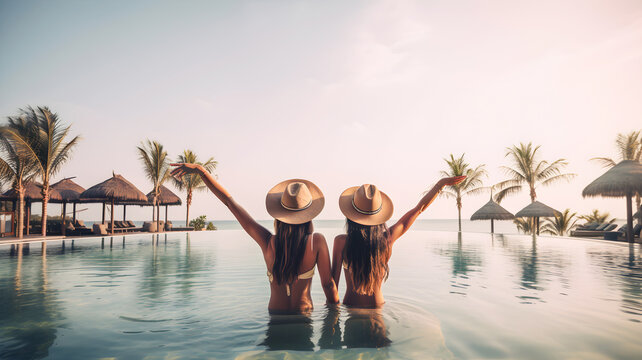 Two women relaxing by the pool in a luxury hotel resort, ai generative illustration