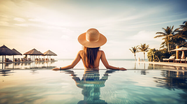 Woman relaxing by the pool in a luxury hotel resort, ai generative illustration