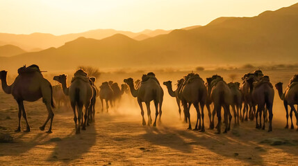 Fototapeta na wymiar Desert Treks. A Caravan of Camels. Generative AI