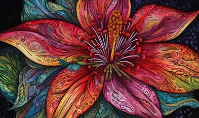  a painting of a colorful flower with lots of leaves on it.  generative ai